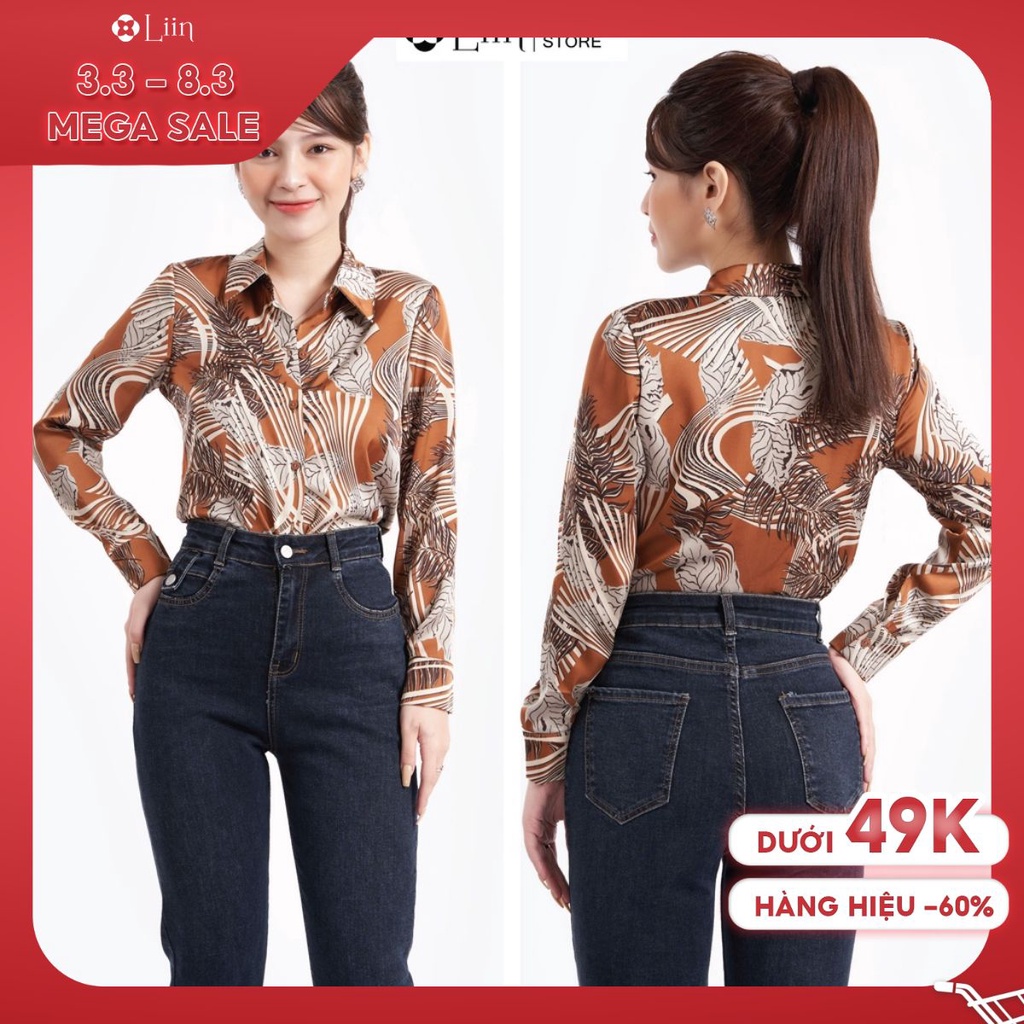 Áo sơ mi dài tay màu nâu họa tiết phối lá phong cách trẻ trung, hiện đại Liin Clothing SM4034
