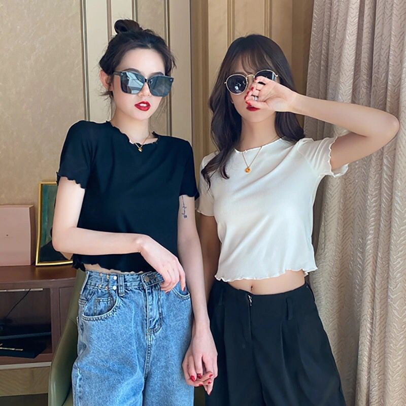 ❤️❤️Áo thun croptop tay ngắn dáng ôm chất liệu lụa lạnh thời trang mùa hè phong cách Hàn Quốc mới cho nữ 2021