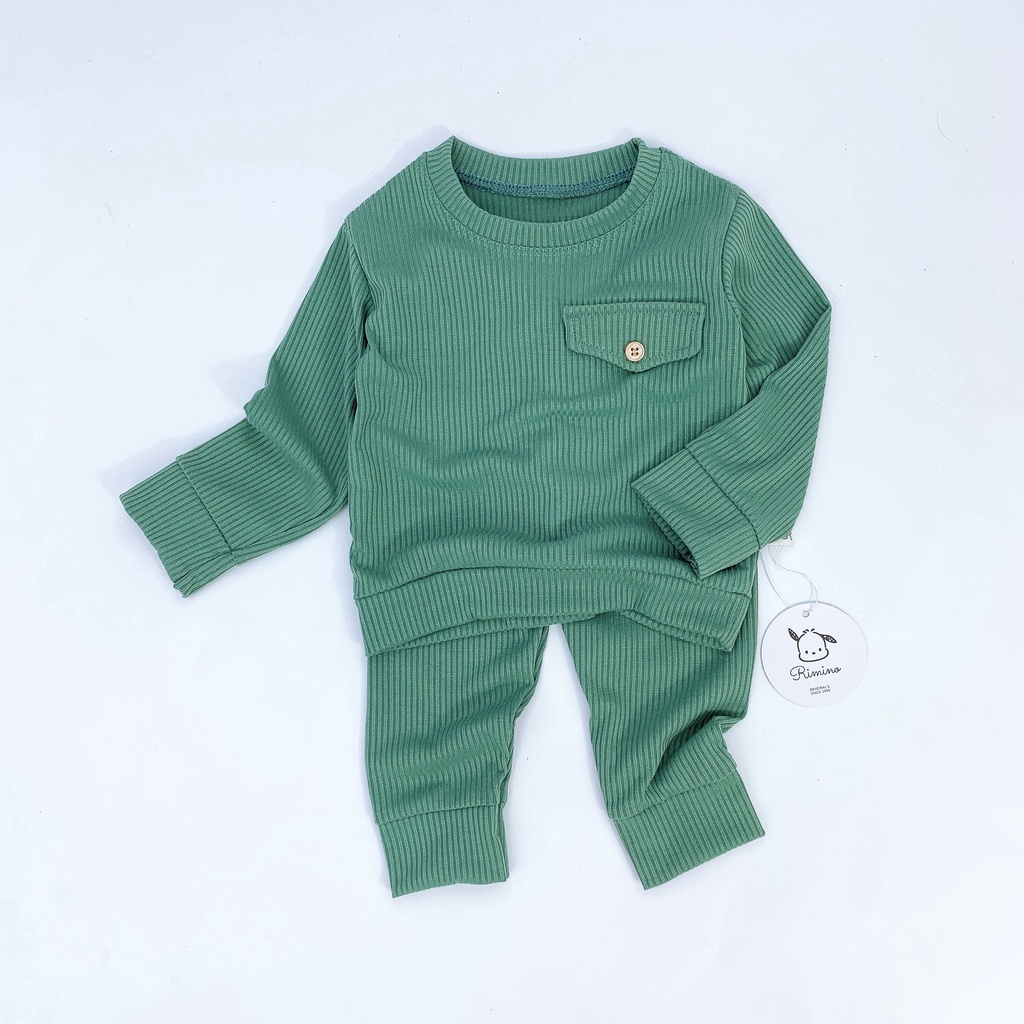 [SALE] Bộ Quần Áo Bé Gái, Bé Trai KIMCHIBABY Vải Thun Gân Đính Cúc Nắp Ngực, Đồ Bộ Cho Bé Mặc Nhà Thu Đông KWTD2216