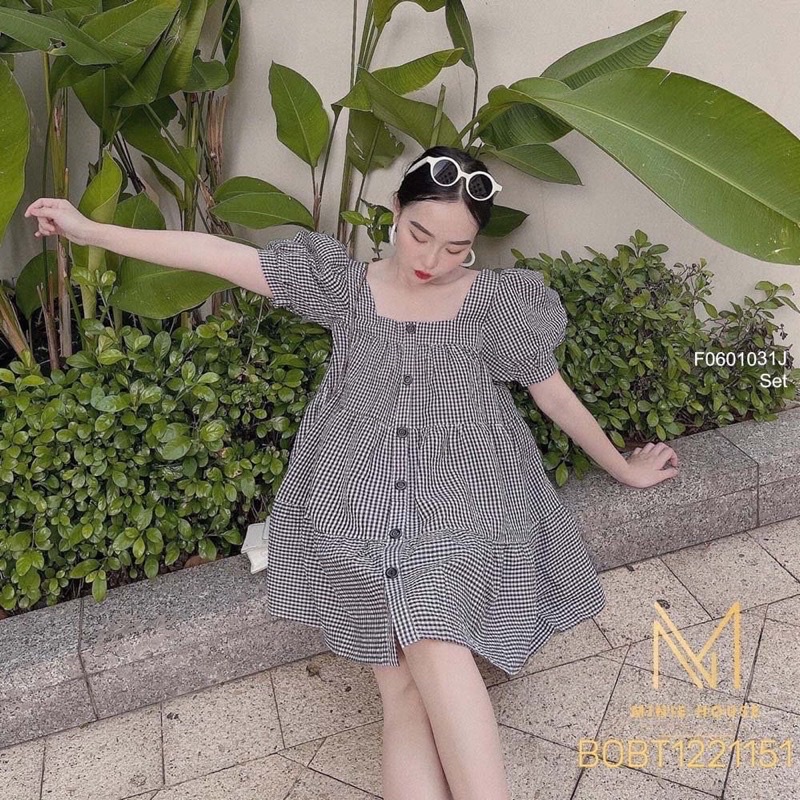 VÁY BABYDOLL CARO TAY PHỒNG DÁNG NGẮN ĐẦM XOÈ RỘNG ULZZANG