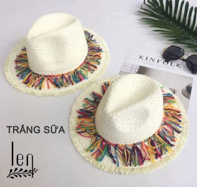 Mũ cói tua rua Hàn Quốc đi biển lenvintage phong cách bohochic hoạ tiết thổ cẩm xinh xắn retro phụ kiện thời trang