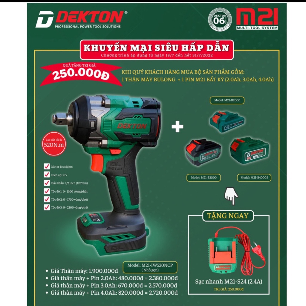 Máy bắn Bulong Dekton 520N.m - Dòng Compact Wrench - Thân Nhỏ Gọn - M21-IW520