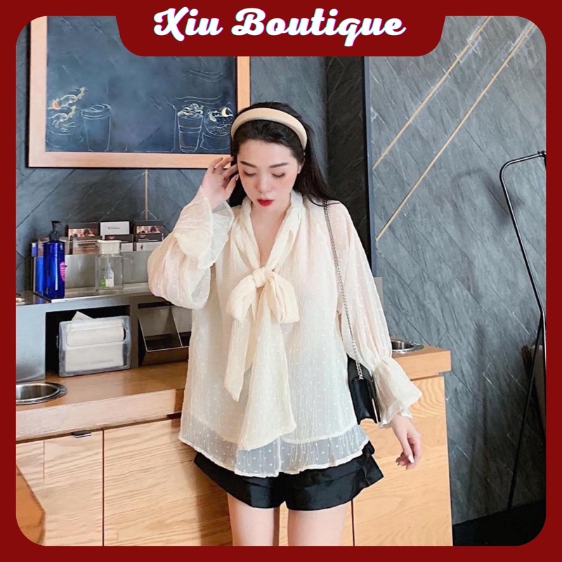 Áo tơ tằm cao cấp cột nơ cổ tay dài