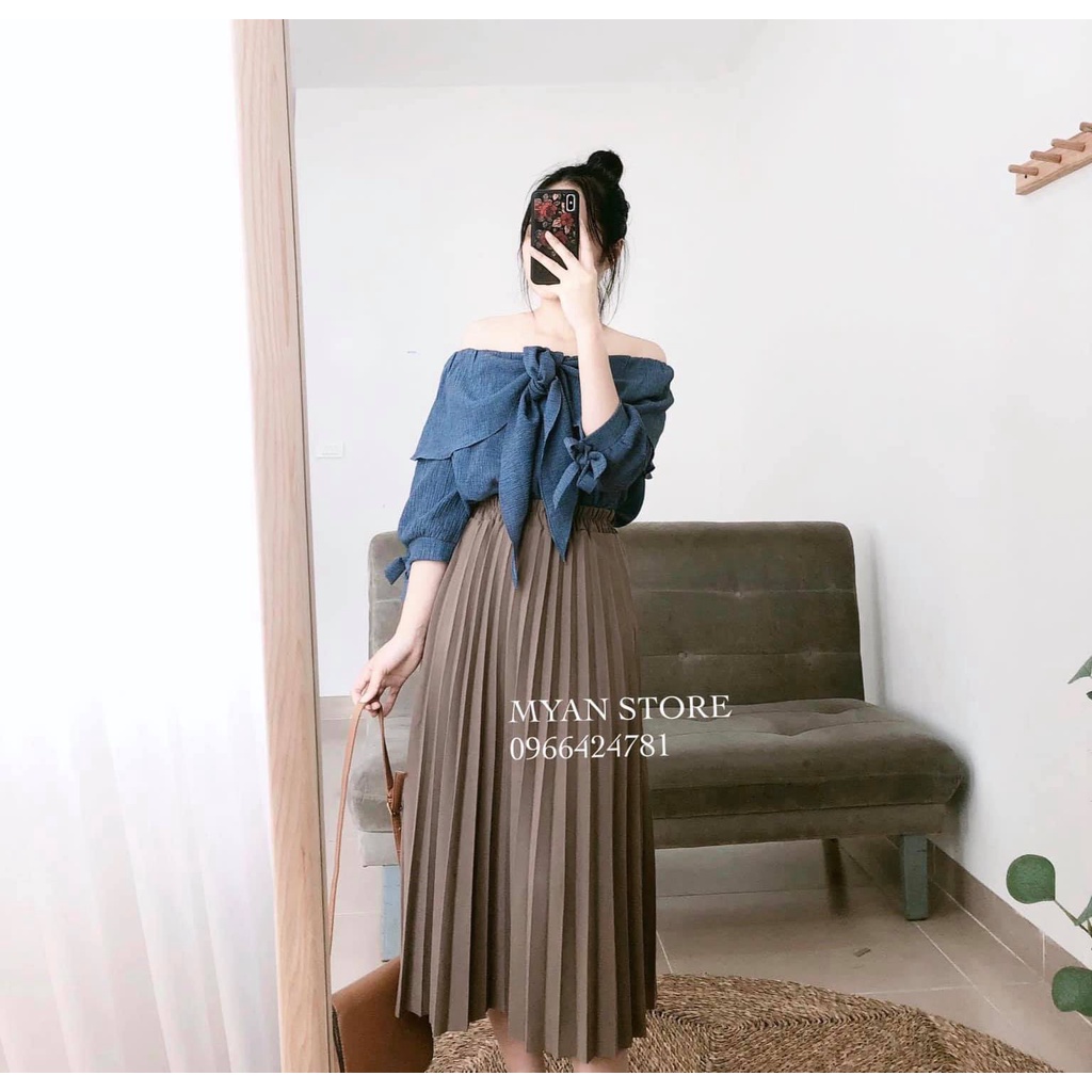 Áo trễ vai nơ trước, tay nơ (2m) AVN032105