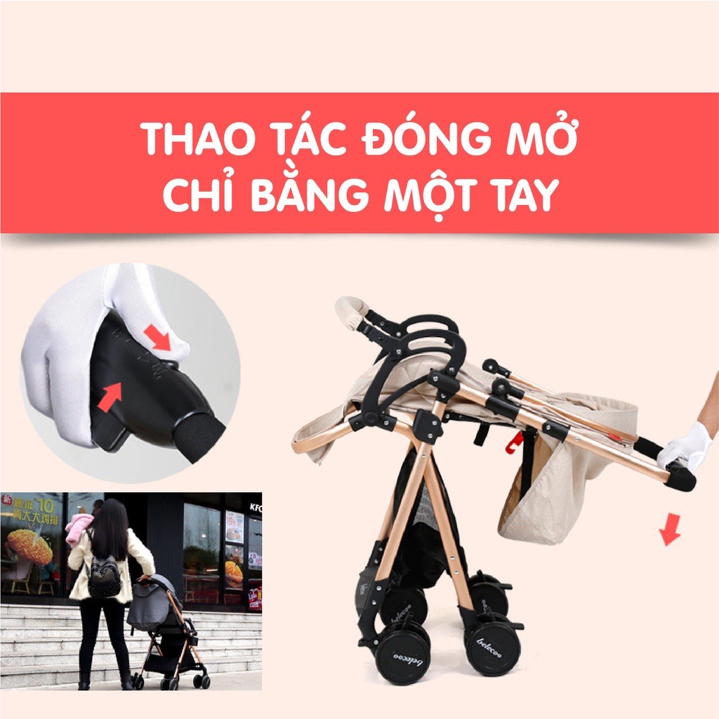 Xe đẩy 2 chiều Belecoo gấp gọn có mái che chịu lực tốt cho bé 0-3 tuổi