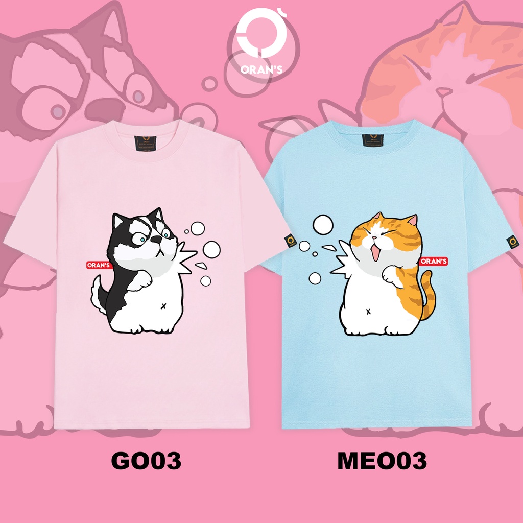 Áo thun tay lỡ ORAN'S Couple Tee chó mèo 03 áo đôi nam nữ Oversize chất COTTON 4C FULLBOX ORANS - Chó Husky &amp; Mèo Vàng