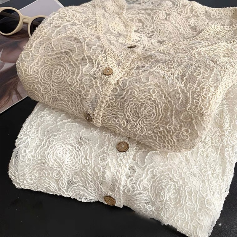 Áo Cardigan Cổ Chữ V Tay Dài Phối Ren Và Nút Họa Tiết Hoa Cho Nữ