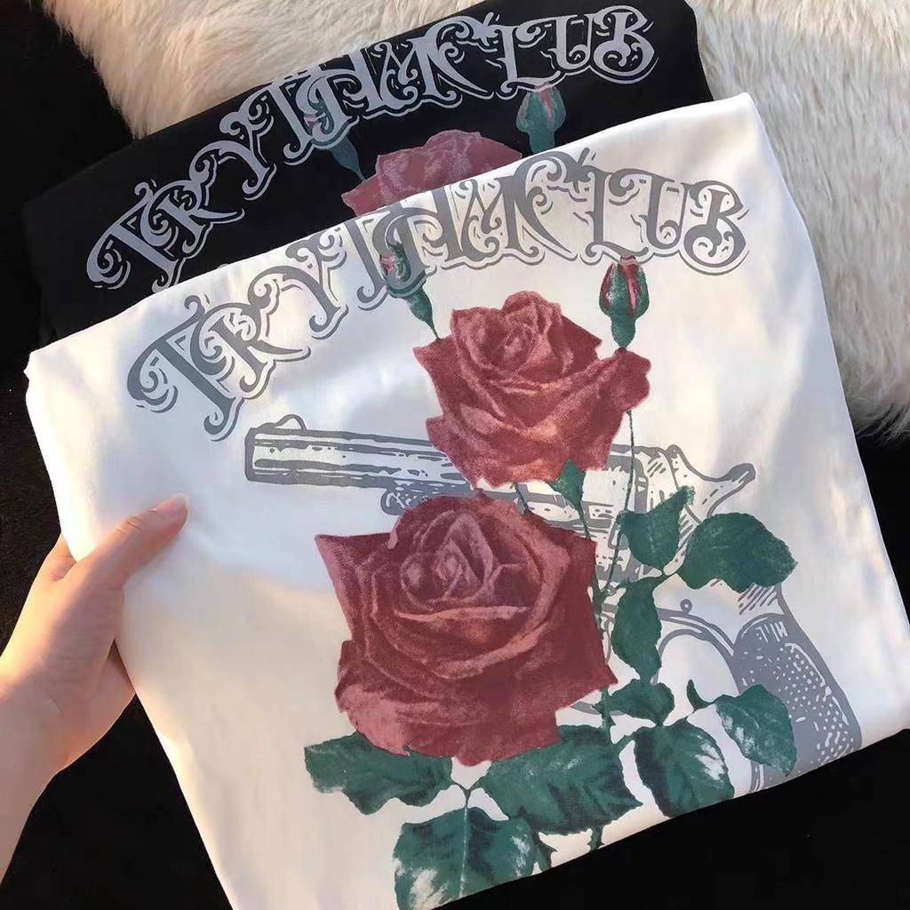 Jiashucheng Áo Thun Tay Ngắn In Hình Hoa Hồng Cao Cấp Phong Cách Đường Phố Mỹ Dễ Phối Đồ Cho Nữ