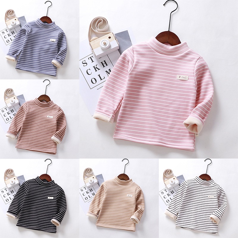 Áo thun cổ cao lót vải nhung họa tiết kẻ sọc ngang thời trang cho bé