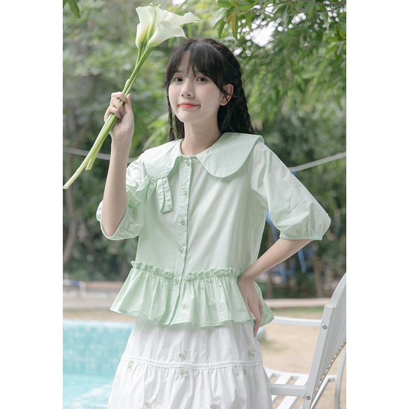 Miễn Phí Vận Chuyển Áo Sơ Mi Xanh Dương Cổ Búp Bê Phong Cách Nhật Bản Nghệ Thuật Ngọt Ngào Tay Dài Dáng Rộng 2022