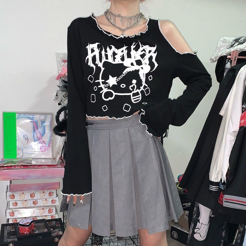 Áo Thun Tay Dài Trễ Vai Dáng Rộng In Họa Tiết Hoạt Hình Phong Cách Hàn Quốc y2k croptop y2k Dành Cho Bạn Gái