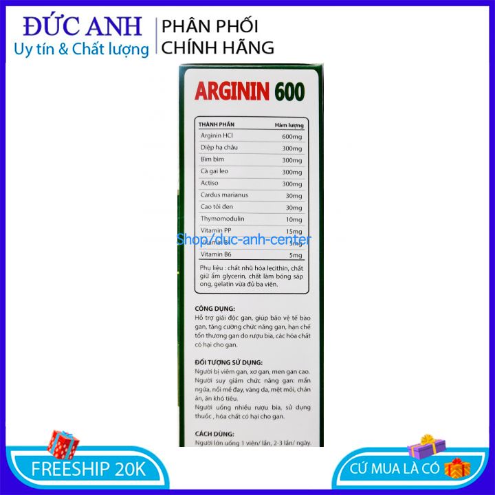 Viên uống Arginin 600 giúp tăng cường chức năng gan– Hộp 60 viên