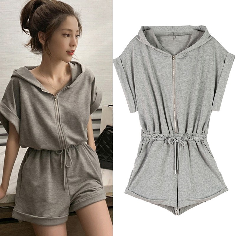 Jumpsuit Tay Ngắn Màu Trơn Thiết Kế Thanh Lịch Cho Nữ