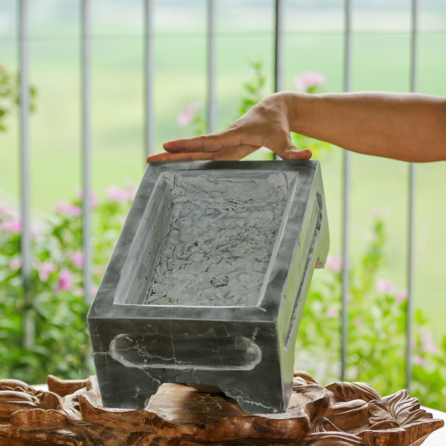 Chậu trồng bonsai mini đá xanh đen nguyên khối đục khuôn tranh bằng tay 4 mặt, KT: 30x20x12