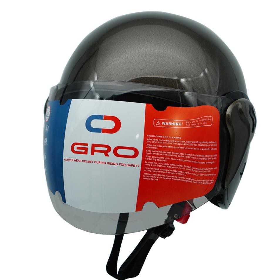 Mũ bảo hiểm cả đầu Gro T318 V1 có kính dài, nhựa ABS bền đẹp, khóa kim loại chắc chắn, mút xốp dày dặn - nâu bóng ốp đen