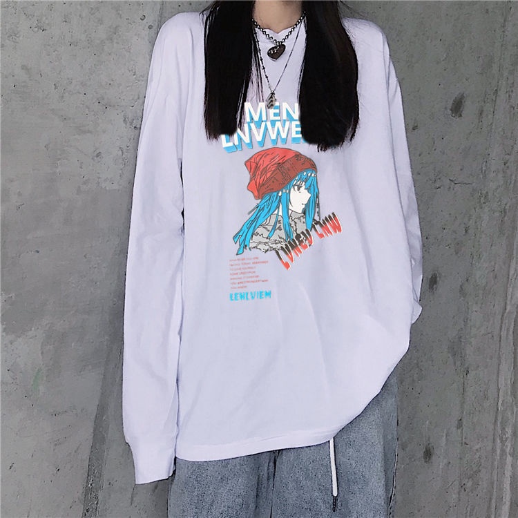 NRVP Áo Thun 100% Cotton Tay Dài Dáng Rộng In Họa Tiết Phong Cách Hàn Quốc Cho Nữ