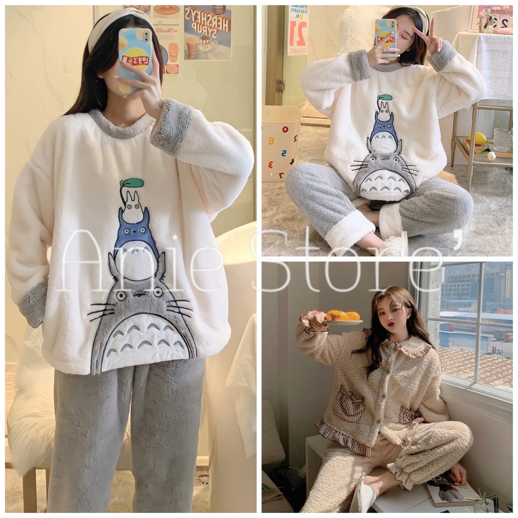 Bộ Pyjama Nữ Cute Vải Lông Cừu 🦋 Set Ngủ Nữ Dài Tay Dáng Rộng 3 Màu 🦋