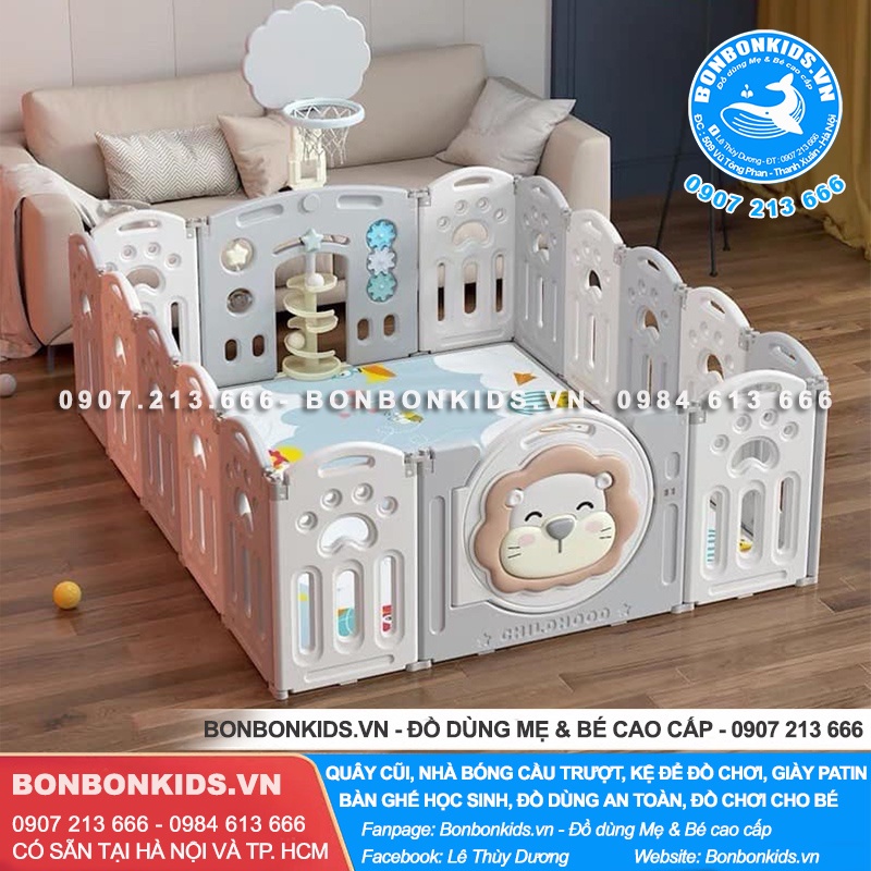 Quây cũi nhựa gấp gọn, quây đơn honper sư tử tặng kèm 100 bóng và thảm kèm cột bóng