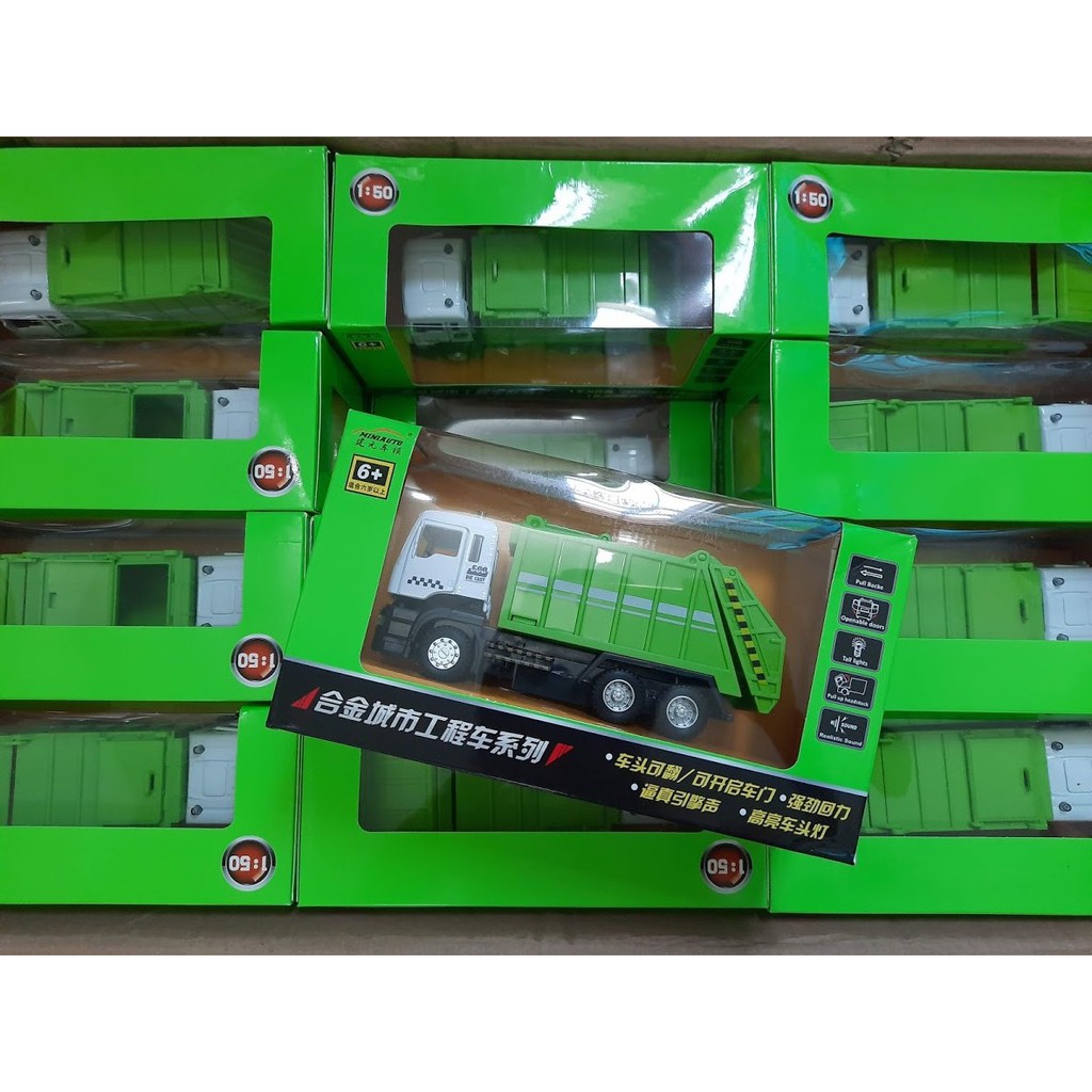 Mô hình xe chở rác bằng hợp kim nhựa 1:50 xe mở được cửa có âm thanh động cơ và đèn đồ chơi trẻ em