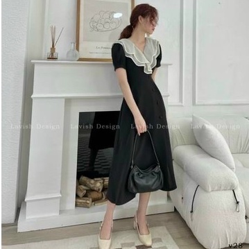 Váy đầm nữ cổ bèo trắng đính nút xẻ tà