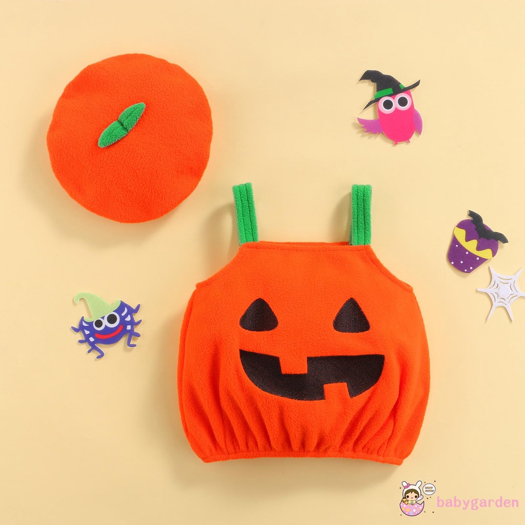 Set áo cổ yếm + quần dài + nón họa tiết bí ngô hoạt hình Halloween cho bé