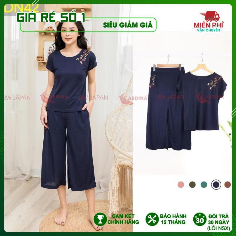 Đồ Bộ mặc nhà, bộ Đũi Lụa Lửng Cao Cấp Thêu Hoa chính hãng CARDINA, vải mềm mát mịn