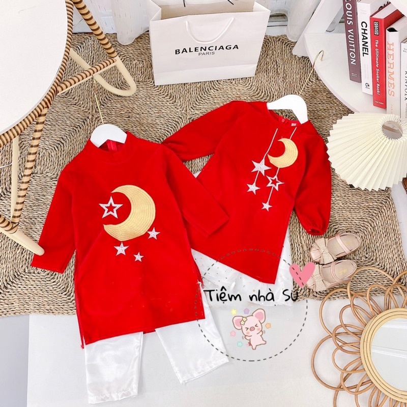 [SALE BỎ MẪU] Set áo dài bé trai - bé gái thêu trăng sao (08- 20kg)