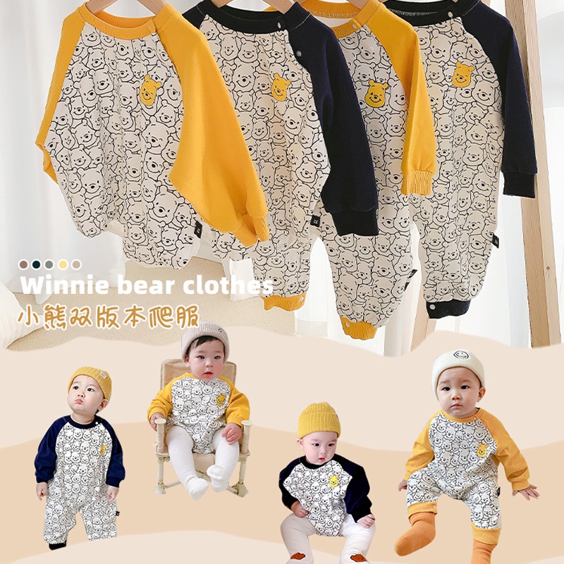 Bộ áo liền quần tay dài in hoạt hình gấu dễ thương thời trang mùa thu cho bé