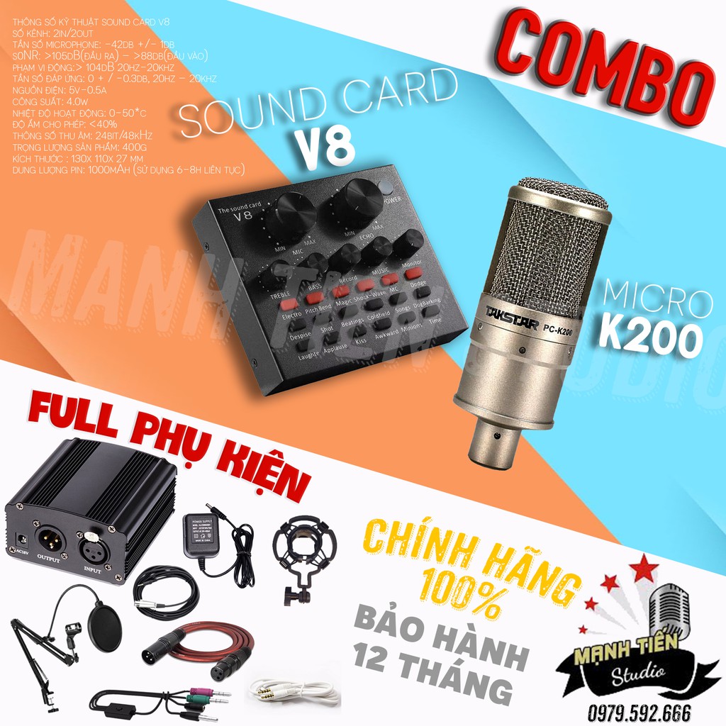 Trọn Bộ Combo Micro Takstar PC-K200 + Soundcard V8 + Full Phụ Kiện hỗ trợ tốt cho karaoke facebook, tiktok