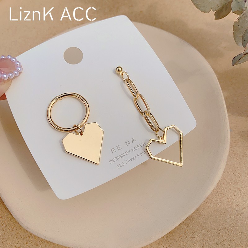 Bông Tai Mạ Bạc 925 Hình Trái Tim Rỗng Không Đối Xứng Phong Cách Hàn Quốc