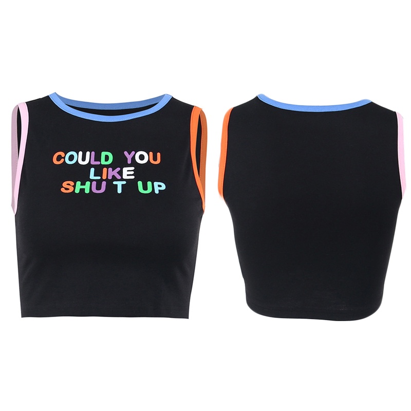 Áo Croptop Không Tay Cổ Tròn Màu Sắc Tương Phản In Chữ Thời Trang Mùa Hè Cho Nữ