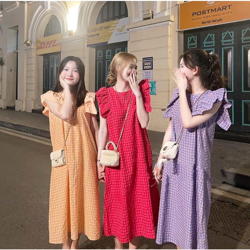Đầm suông kẻ ô cánh tiên - Váy maxi dáng suông kẻ ô đầm nhóm