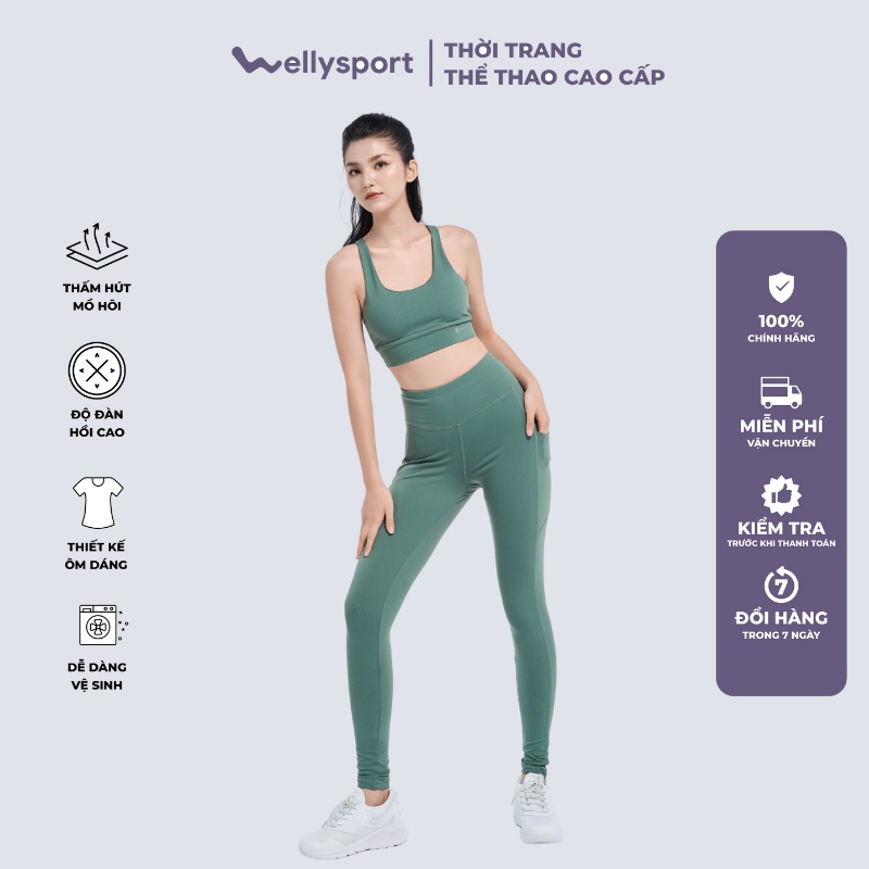 Bộ đồ tập yoga nữ, Gym Welly Sport, áo tập gym nữ  2 dây, quần lưng cao, màu xanh Cyan Green mã BTN02
