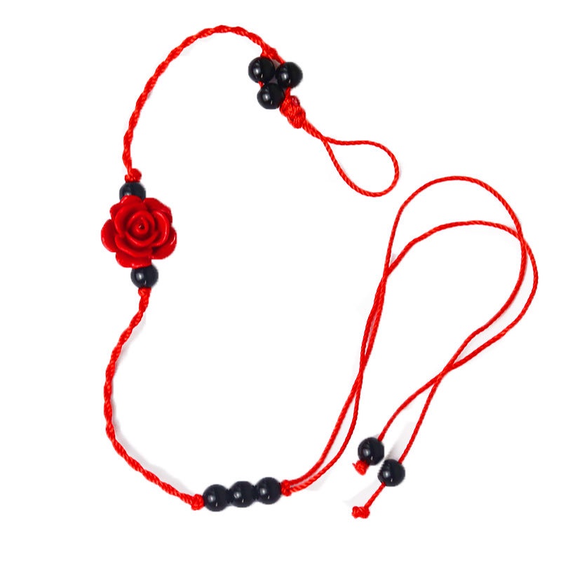 Vòng Đeo Cổ Chân Bện Dây Đỏ Điêu Khắc Họa Tiết Hoa Hồng Phong Cách Dân Tộc Đơn Giản Dành Cho Nữ
