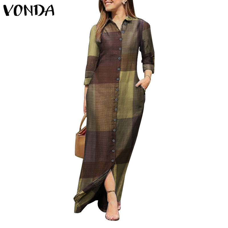 Đầm Dài VONDA Cổ Bẻ Tay Dài Có Khuy Gài Màu Trơn Thông Thường Dành Cho Bạn Nữ | BigBuy360 - bigbuy360.vn