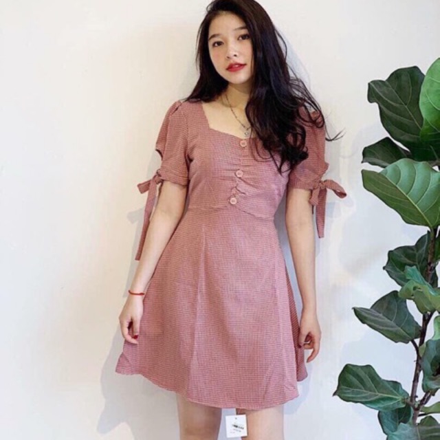 [Mã SKAMSALEP6 giảm 10% tối đa 100K đơn 150K] ĐẦM CARO HỒNG NÚT NGỰC TRẺ TRUNG ( KÈM ẢNH THẬT) | BigBuy360 - bigbuy360.vn