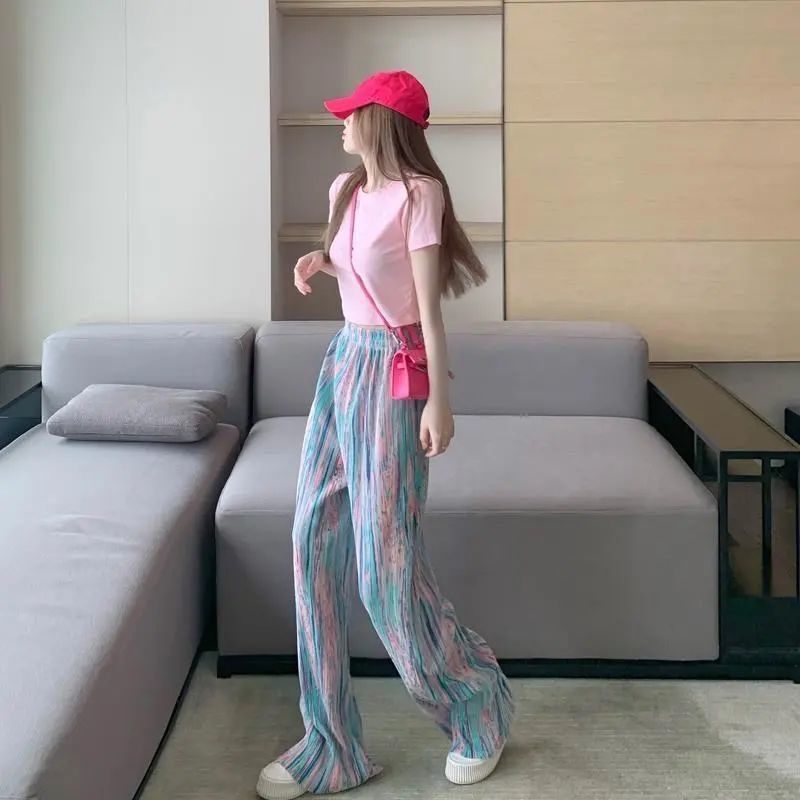 Quần dài lưng cao ống rộng dáng suông vải lụa lạnh phối xếp ly thời trang cho nữ