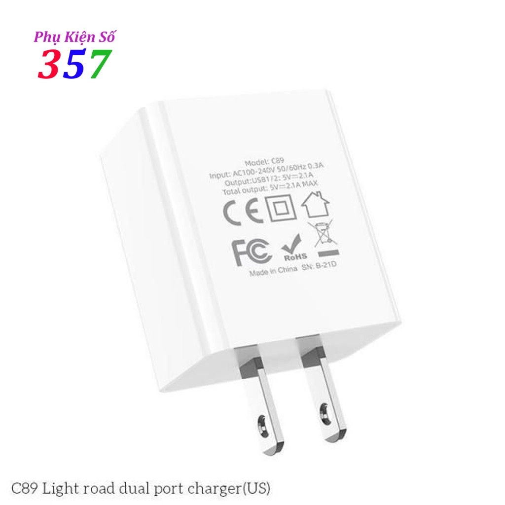 Củ sạc Hoco C89 2 cổng USB, sạc nhanh 2.1A Max, thích hợp với nhiều dòng điện thoại, chân cắm tiêu chuẩn US