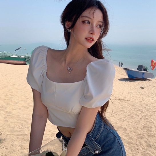 Áo croptop tay ngắn cổ vuông hở lưng màu sắc đơn giản thời trang cho nữ