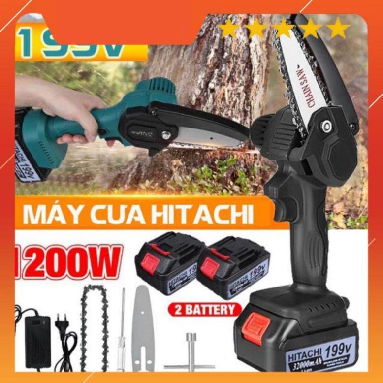 MÁY CƯA XÍCH PIN HITACHI 199V, 2 PIN CHUẨN 10 CELL FULL PHỤ KIỆN >