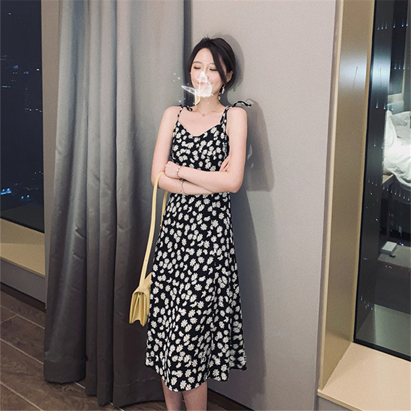 Váy Yếm Hoa Midi Vải Chiffon Phong Cách Hàn Quốc