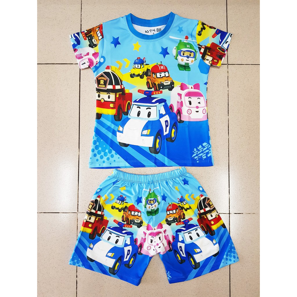 Bộ thun cotton Thái lạnh in hoạt hình poli car xe biến hình