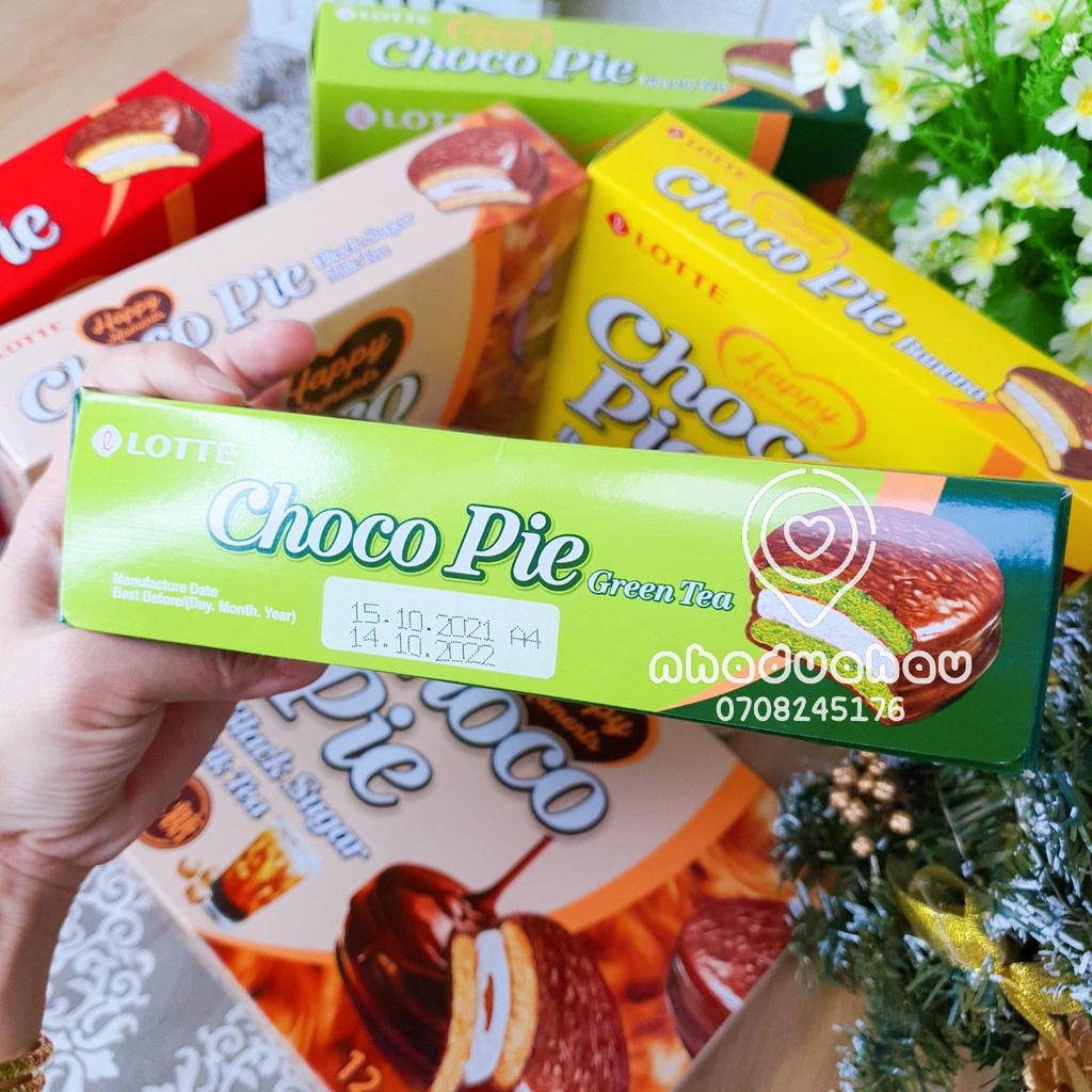 Một hộp bánh Chocopie nhân kem đủ vị vani/cacao/matcha/chuối/đường đen Lotte Hàn Quốc hộp 336gam hàng cty chuẩn xịn
