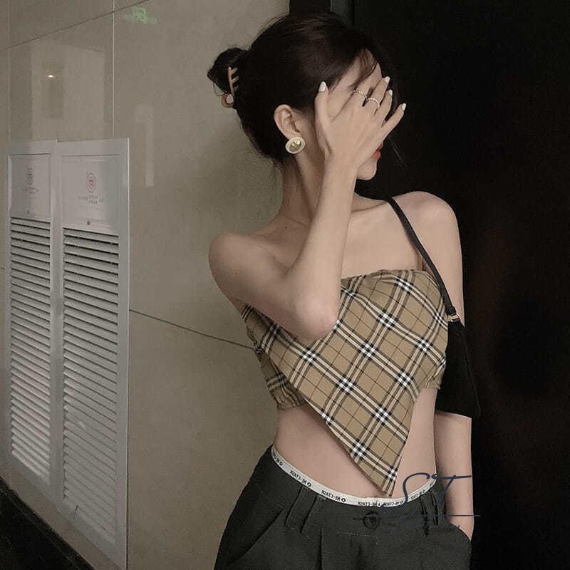 Áo Tank Top Không Tay Hở Vai In Họa Tiết Kẻ Ô CY03- Thời Trang Cho Nữ