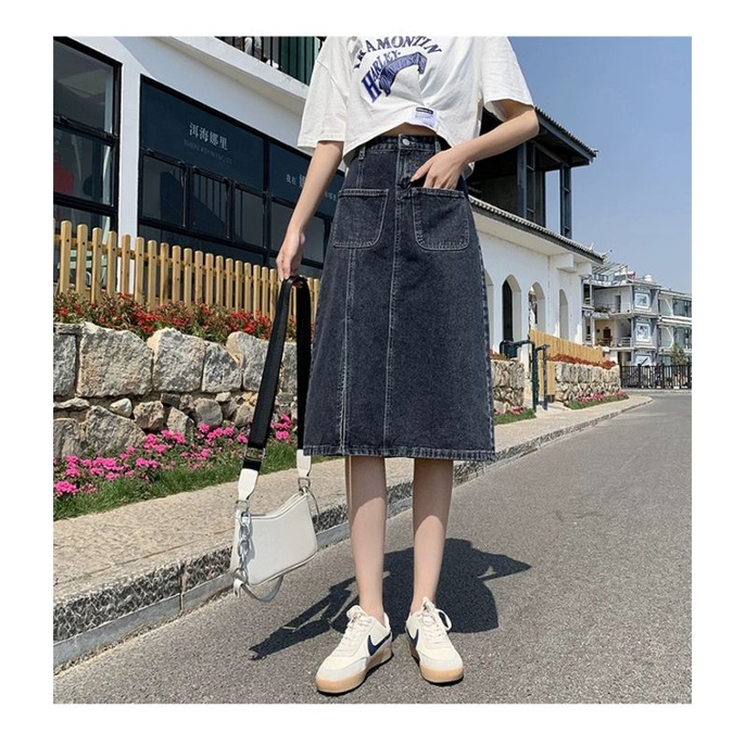 ( Sẵn )CHÂN VÁY JEANS NỮ CẠP CAO, CHÂN VÁY XẺ DÁNG CHỮ A