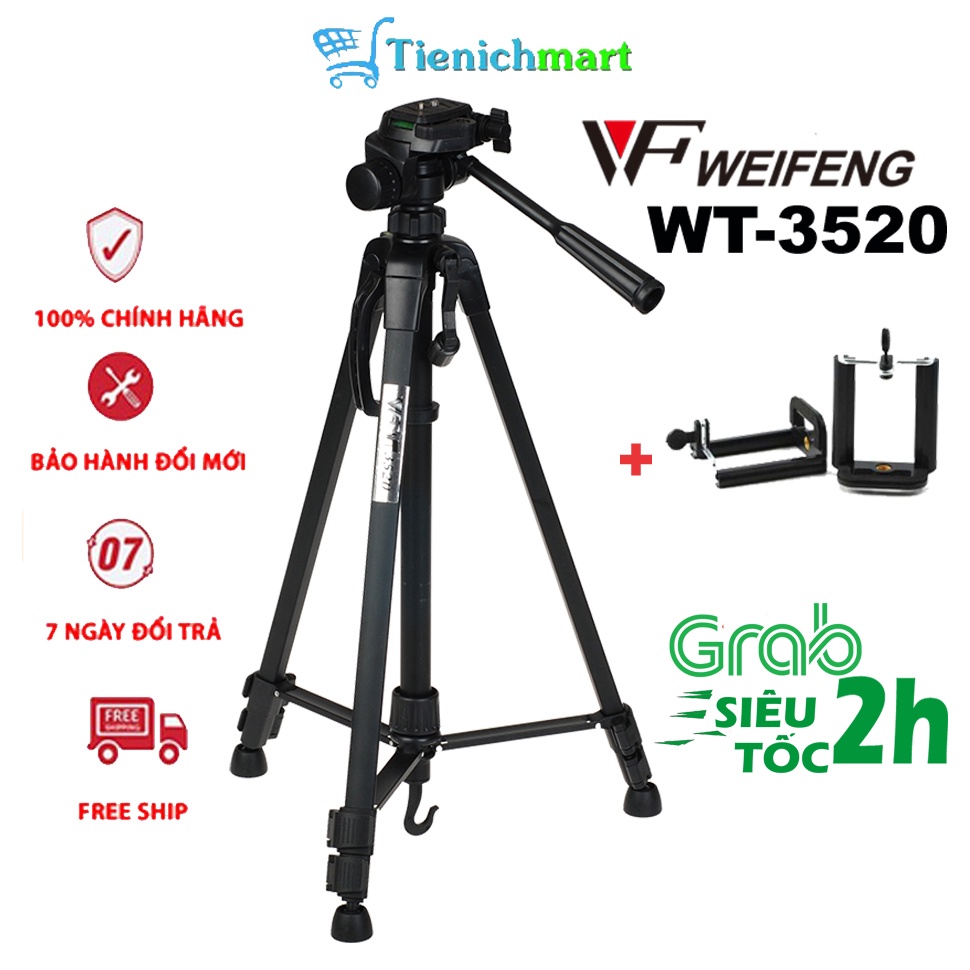 Tripod, giá đỡ điện thoại máy ảnh Weifeng WT-3520 khung nhôm cao cấp tải trọng 3kg có túi đeo tặng kèm kẹp điện thoại