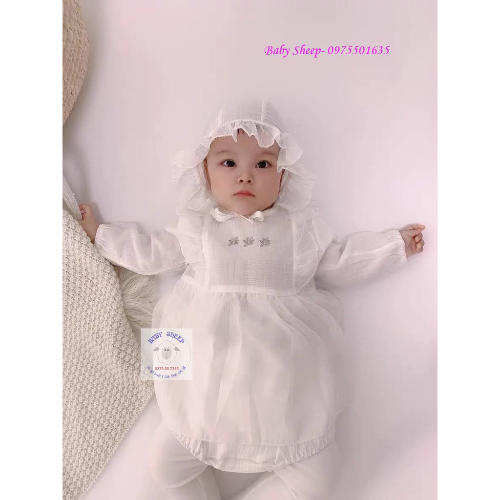 Sét Váy Body Cánh Tiên Dài Tay Vải Xô Muslin Mát Mềm Mặc Đầy Tháng/ Thôi Nôi Cho Bé Gái (Kèm Mũ Bèo Tiểu Thư)