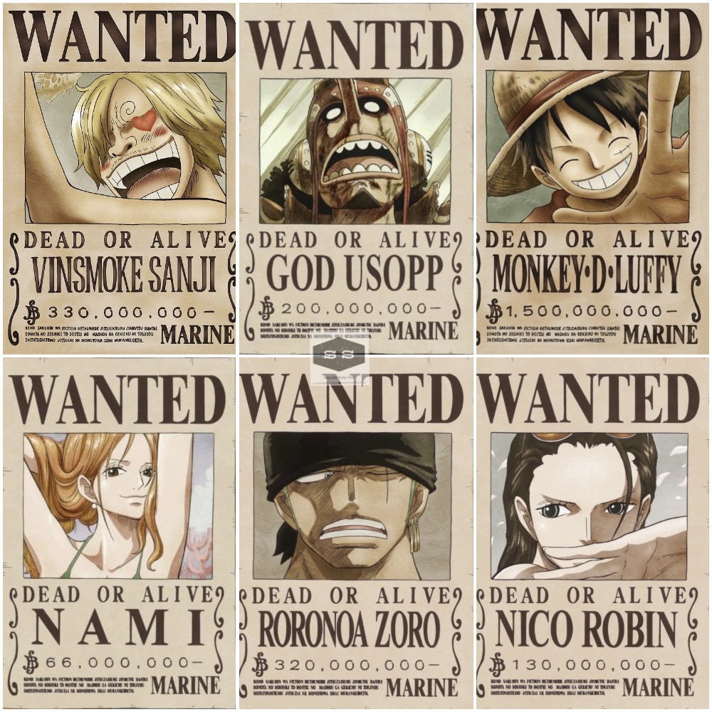 Bộ 9 Poster Anime Wanted - One Piece - Vua Hải Tặc (bóc dán) - A3,A4,A5