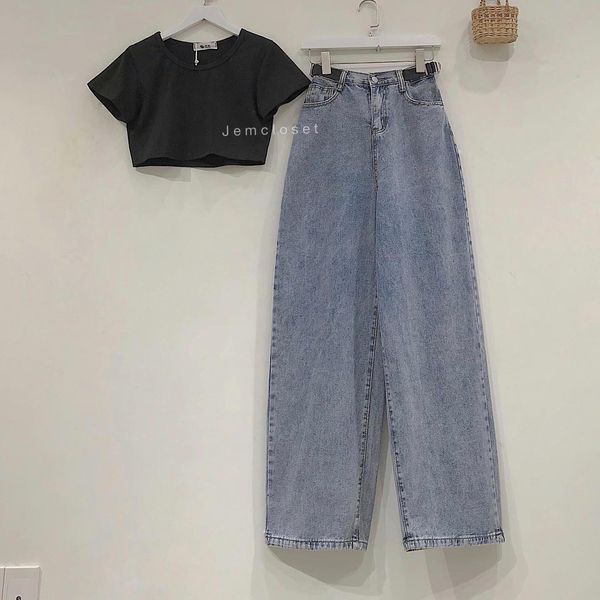 Quần Jeans Nữ Ống Rộng Kèm Thắt Lưng Eo Quần Bò Form Unisex Màu Xanh Thoải Mái Dễ Phối Đồ  - 2264 JEM CLOSET