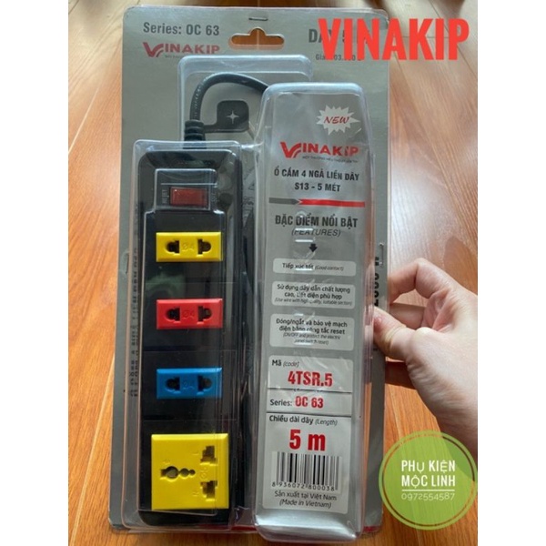 CÓ CÔNG TẮC ĐÓNG MỞ AN TOÀN Ổ Cắm Điện 4 Ngả Đa Năng Liền Dây 5m và 3m 2 chạc và 3 chạc Kiểu S13 -Chính hãng Vinakip